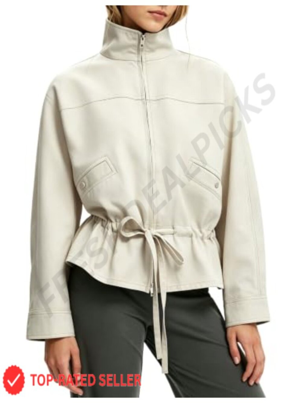 Womens Drawstring Waist Funnel Neck Jacket Casual Peplum Hem Coat Long Sleeve